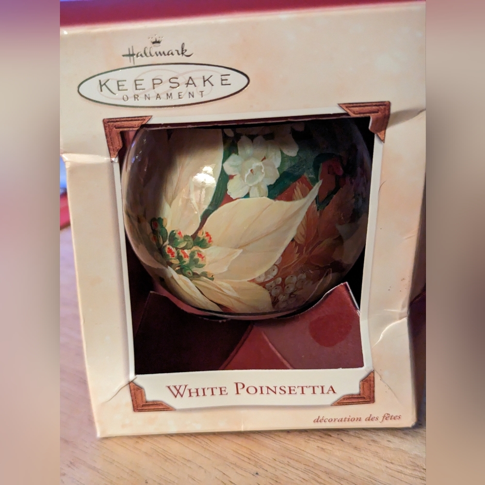 Hallmark Keepsake White Poinsettia Glass Ball Ornament Dated 2002